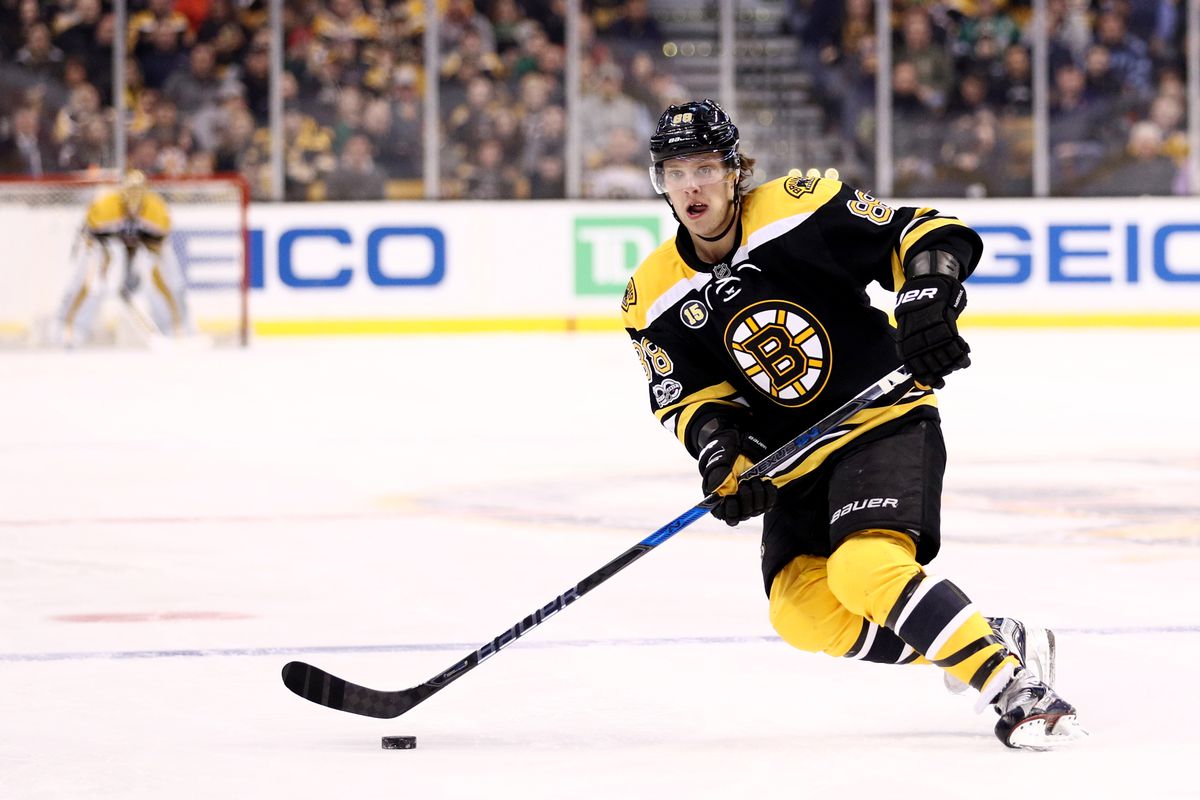 David Pastrnak of the Boston Bruins warms up prior to the 2019